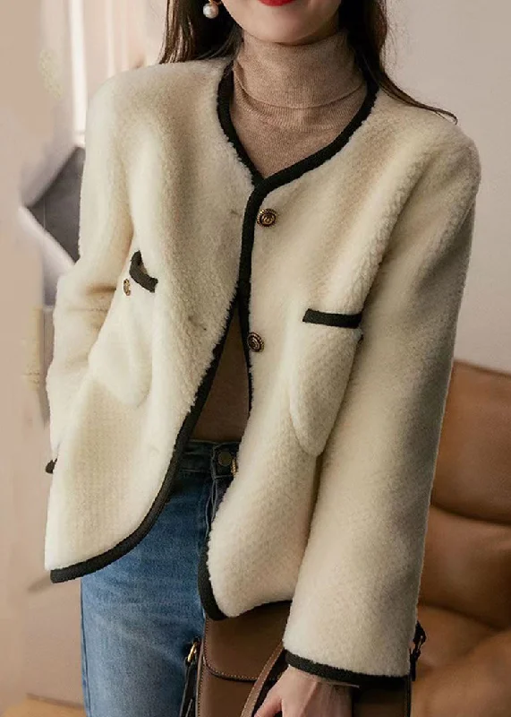 Style Beige O Neck Pockets Button Patchwork Wool Coats Winter