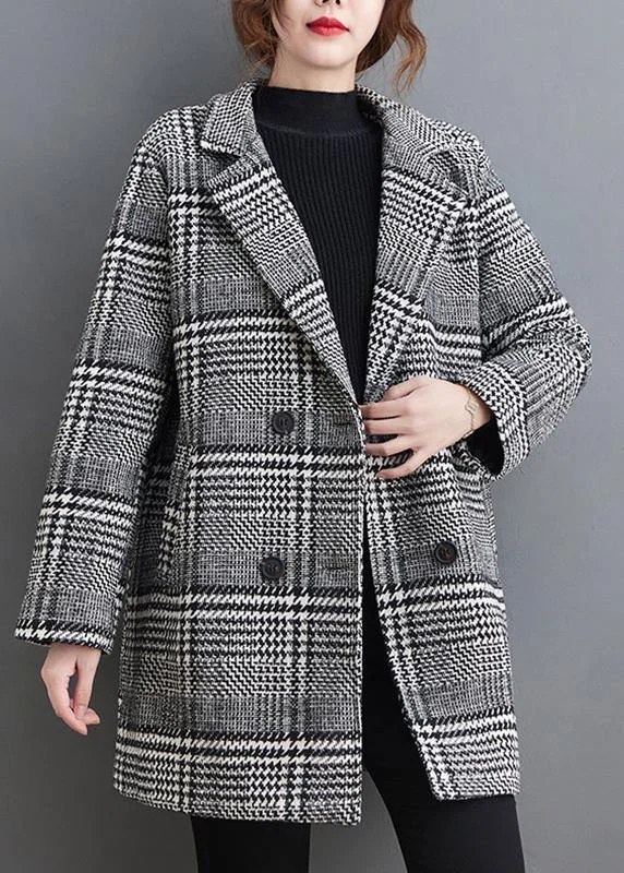 Style Plaid Outwear Design Notched Pockets Spring Coat