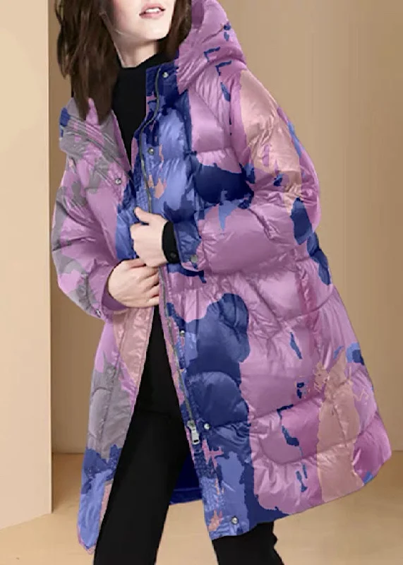 Style Purple Hooded Print Thick Duck Down Puffers Coats Winter