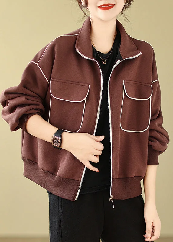 Stylish Coffee Zip Up Pockets Cotton Jacket Spring