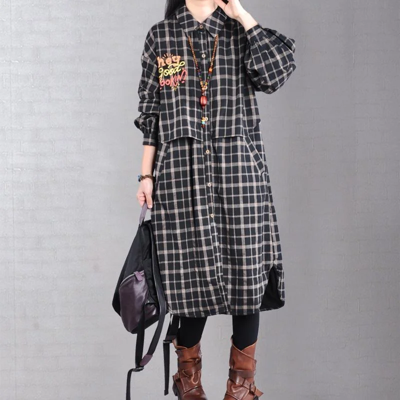 thick black plaid women parka casual jacket lapel patchwork outwear