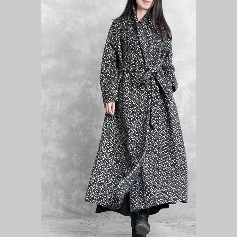 top quality black plaid wool coat oversized long jackets v neck tie waist outwear