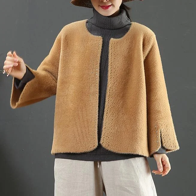 top quality brown woolen outwear Loose fitting medium length coat side open sleeve winter outwear