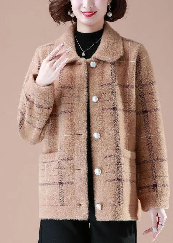 Unique Khaki Peter Pan Collar Plaid Pockets Mink Hair Knitted Coats Winter