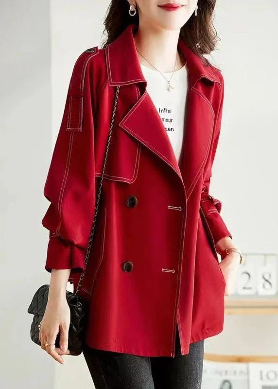 Unique Red Peter Pan Collar Pockets Button Patchwork Cotton Coats Fall