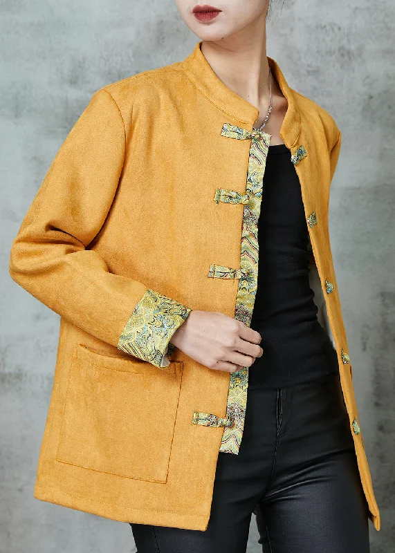 Unique Yellow Pockets Faux Suede Chinese Style Jackets Spring