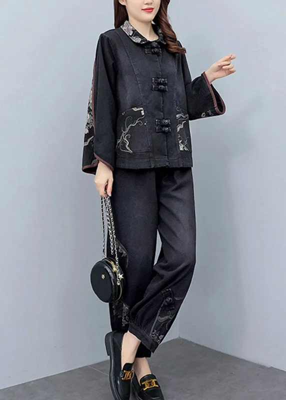 Vintage Black Peter Pan Collar Print Denim Coats And Pants Two Pieces Set Fall