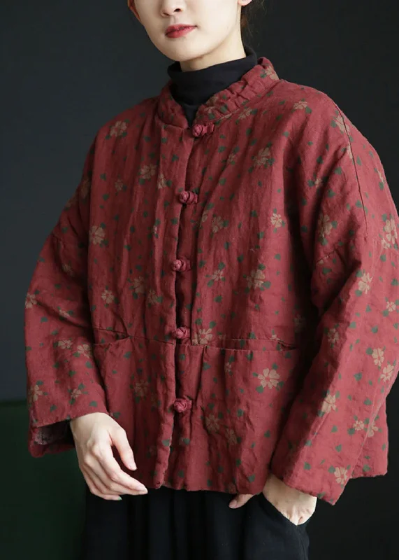 Vintage Brick Red Stand Collar Print Cotton Filled Jackets Winter