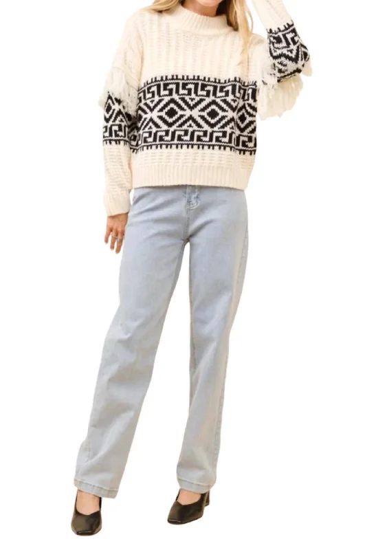 Western Aztec Mock Neck Fringe Sweater In Cream