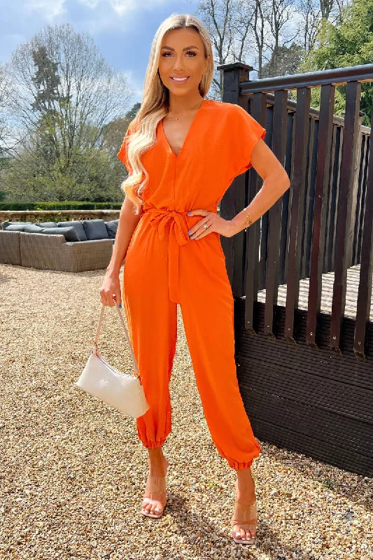 Burnt Orange V Neck Short Sleeve Belted Elasticated Cuff Jumpsuit