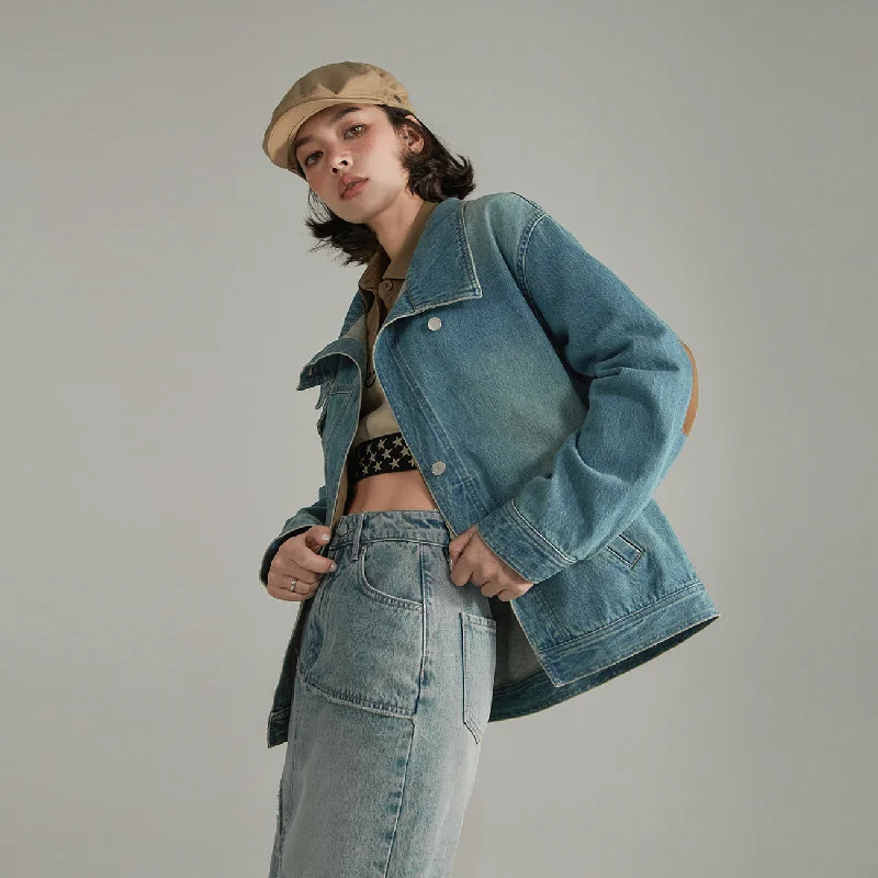 Asymmetrical High Neck Denim Jacket