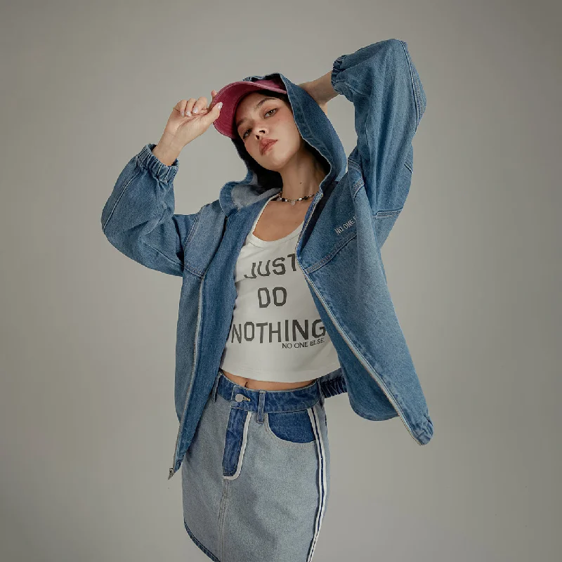 Embroidered Letter Denim Hooded Jacket