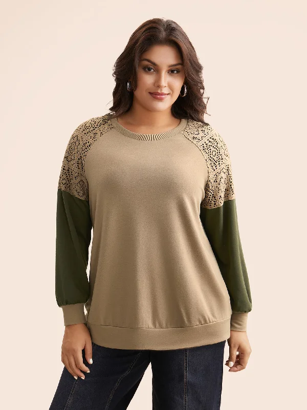 Lace Patchwork Contrast Raglan Sleeve Sweatshirt