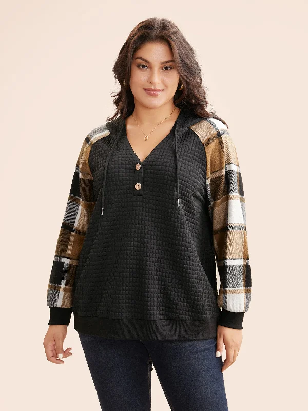 Plaid Patchwork Hooded Raglan Sleeve Sweatshirt