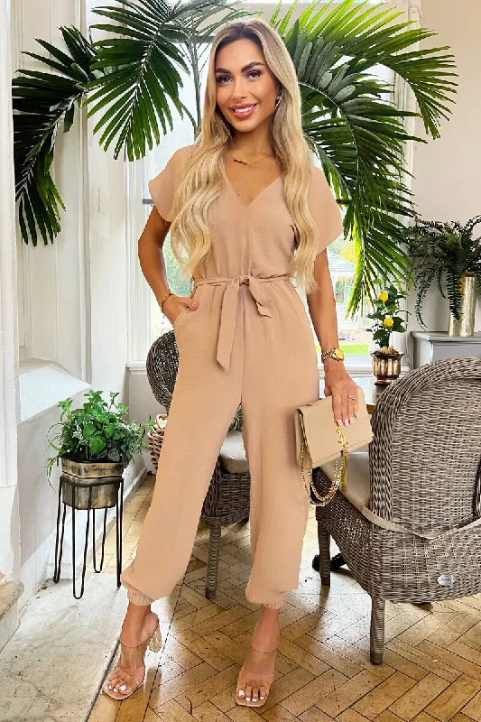 Stone V-Neck Short Sleeve Belted Elasticated Cuff Jumpsuit