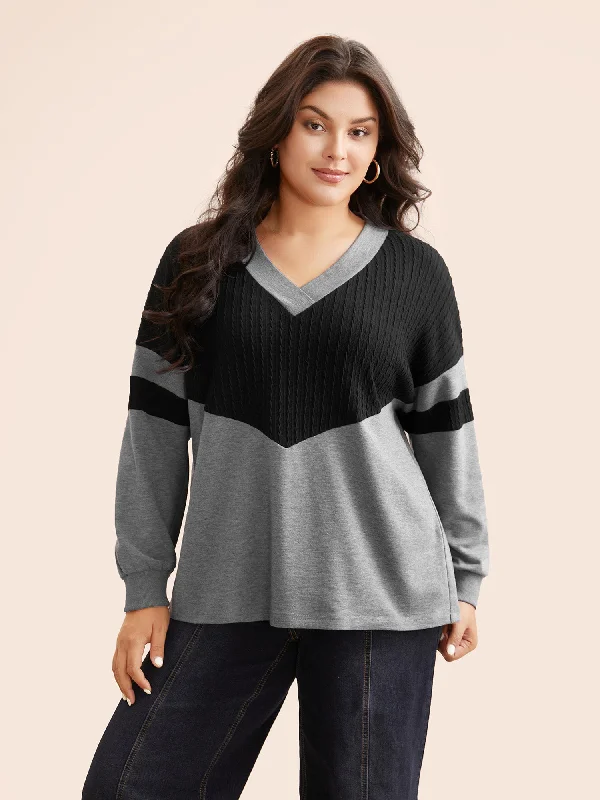 Texture Patchwork Contrast V Neck Sweatshirt