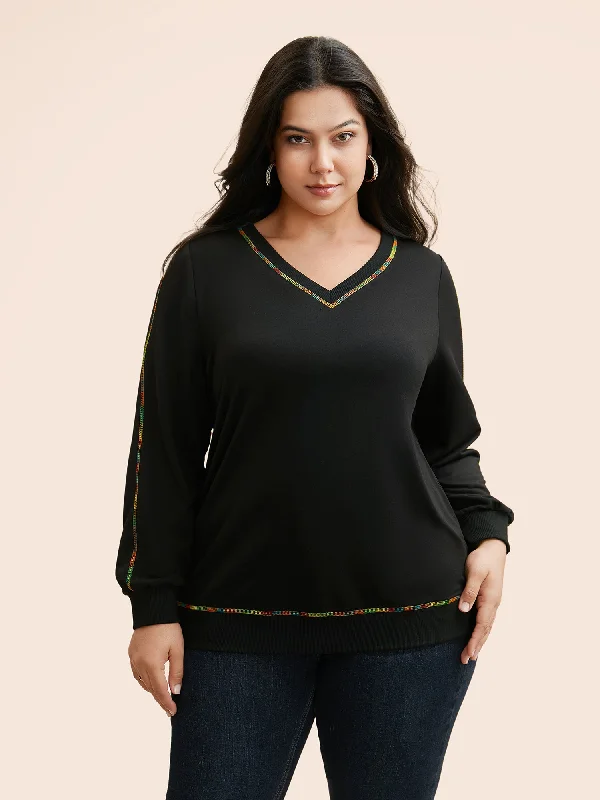 V Neck Contrast Rainbow Trim Sweatshirt