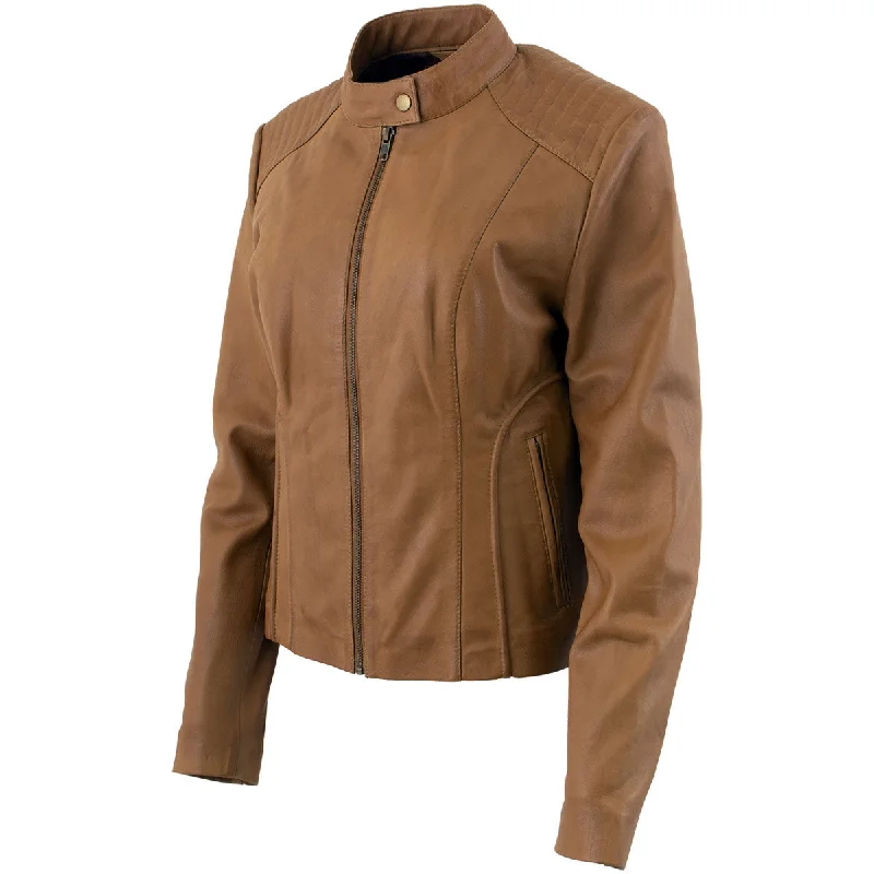 Xelement B91058 Women's ‘Keeper’Cognac Leather Scuba Style Biker Jacket with Snap Mandarin Collar