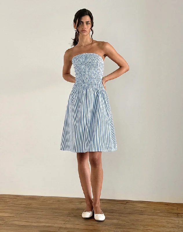 Belesi Midi Dress in Blue Small Vertical Stripe