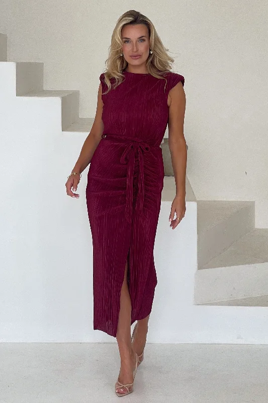 Elena Ruched Seamed Midi Dress Wine