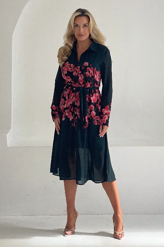 Everly Green and Pink Floral Shirt Midi Dress