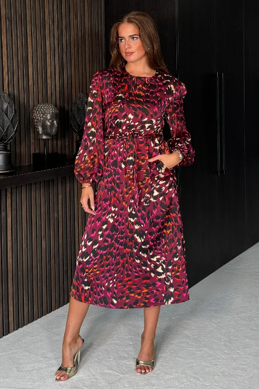 Fay Padded Shoulder Long Sleeve Midi Dress Berry Leopard