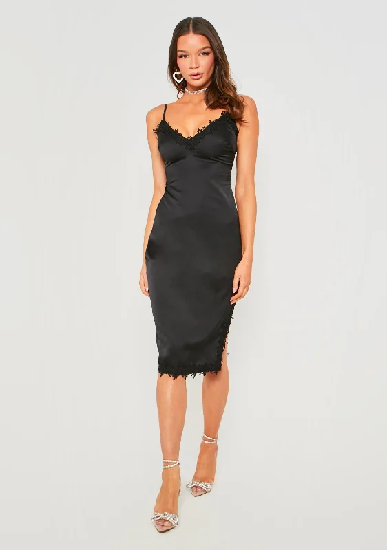 Lucie Black Satin Midi Dress With Lace Split