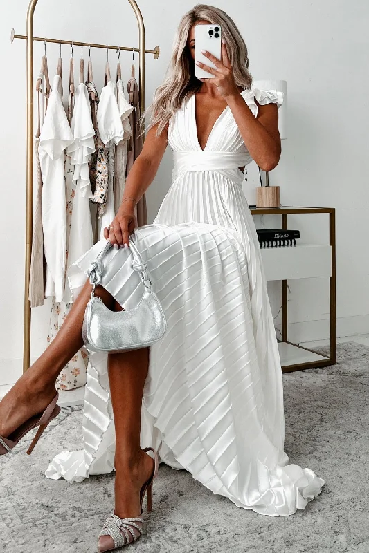 Opulent Occasion Pleated Ruffle Maxi Dress (White)