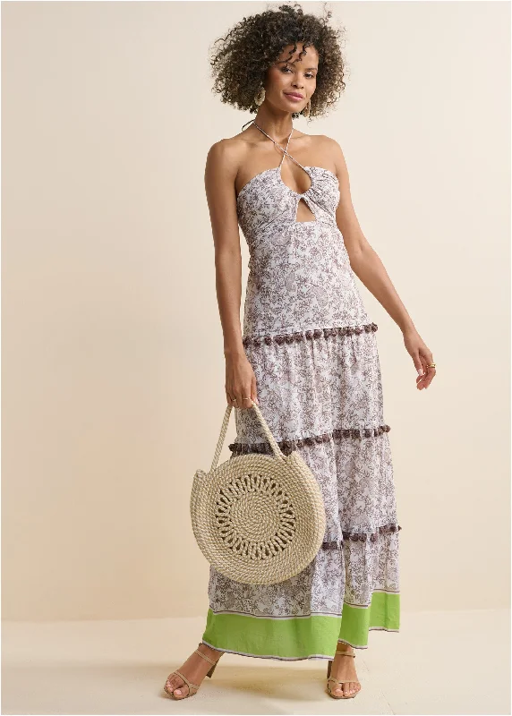 Tiered Tassel Maxi Dress - Brown & Green