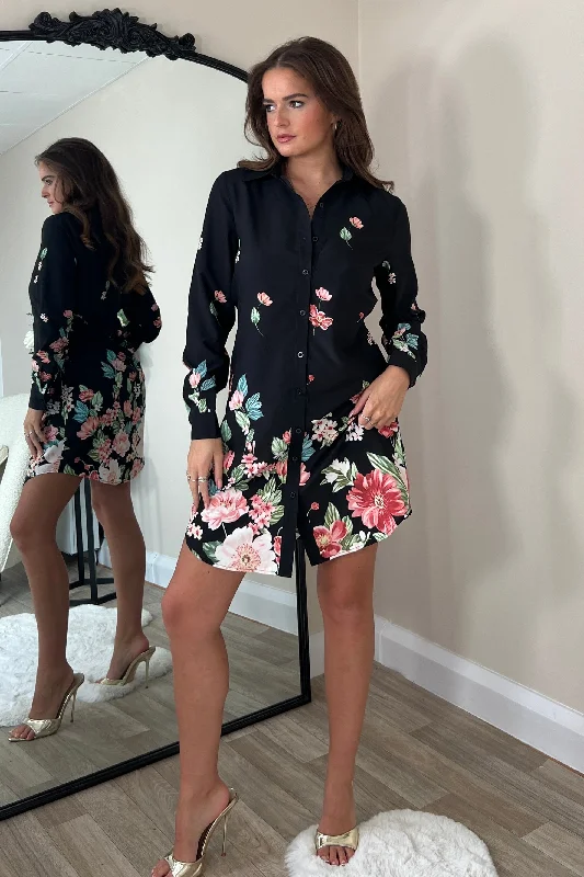 Alana Floral Boarder Print Shirt Dress Black