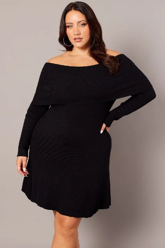 Black Off Shoulder Knit Mini Dress