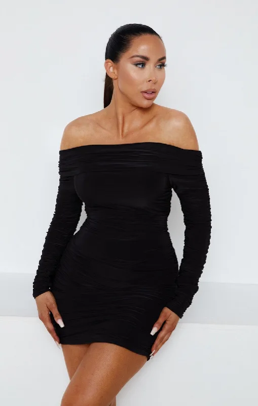 Black Ruched Bardot Off The Shoulder Long Sleeve Bodycon Mini Dress - Brook