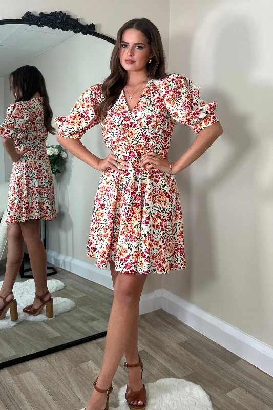 Elise Puff Sleeves Skater Dress Orange Floral