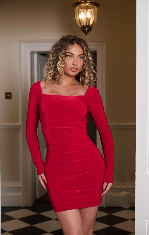 Red Square Neck Ruched Bodycon Mini Dress - Gina