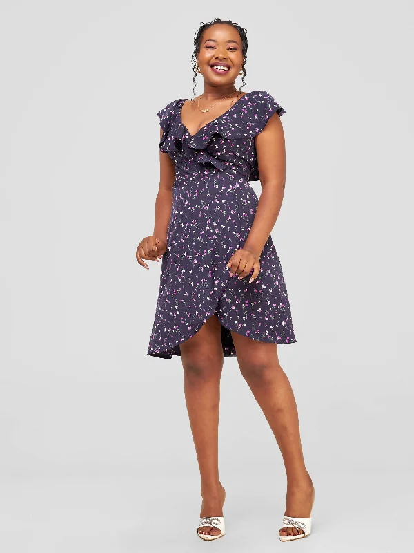 Tuli Lerato Wrap Dress - Navy Blue Floral Print