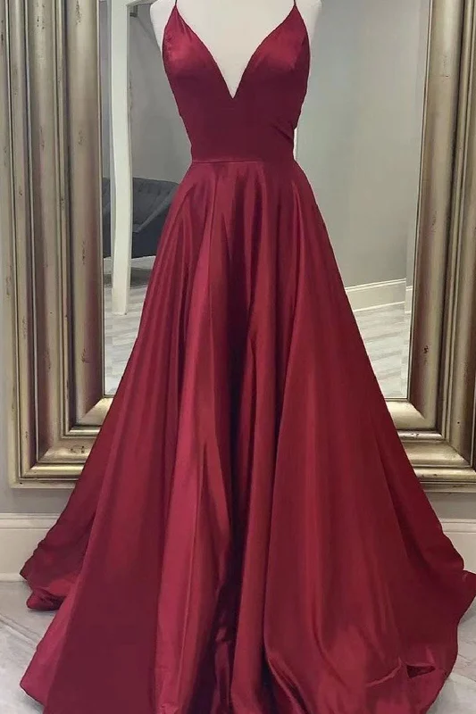 A-Line Spaghetti Straps Satin Burgundy Long Prom Dress