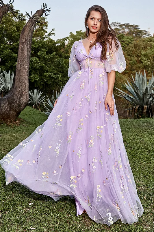 A-Line Tulle Lavender Princess Corset Prom Dress with Embroidery