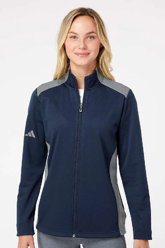 Adidas Womens Textured Mixed Media Full Zip Jacket - Collegiate Navy Blue/Grey