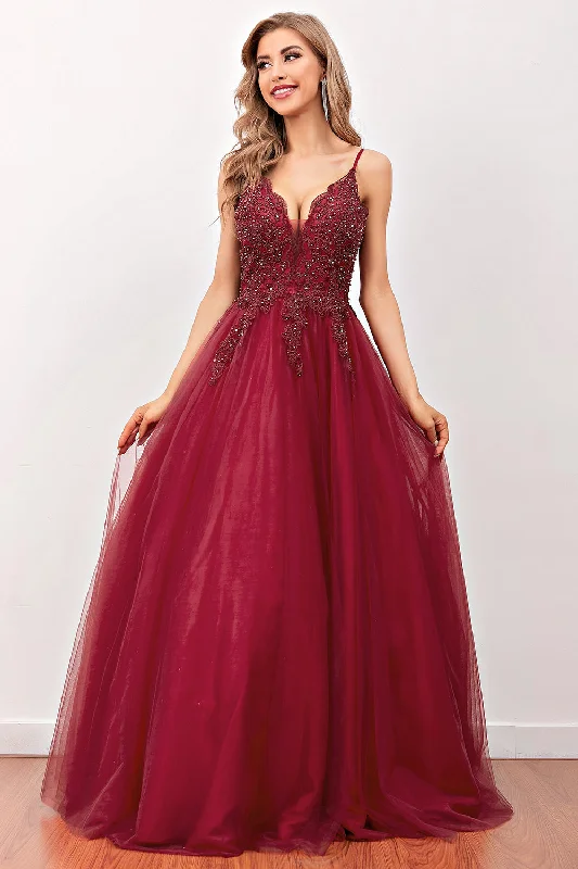 Burgundy Spaghetti Straps Long Prom Dress with Beading