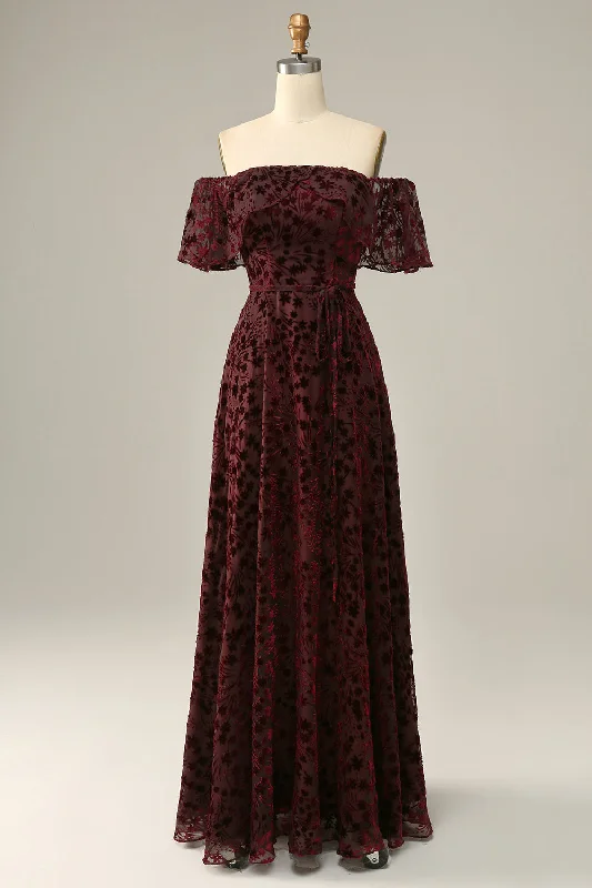 Burgundy Flower Off The Shoulder Prom Dress