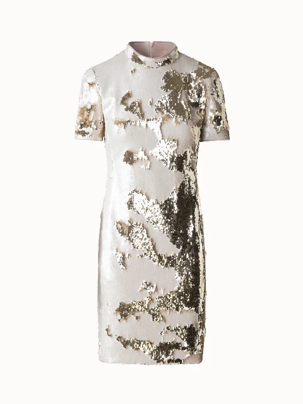 Dual Sequined Sheath Dress with Short Sleeves