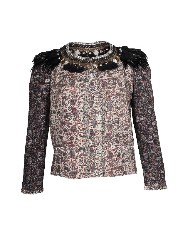 Isabel Marant Feather Embellished Printed Jacket in Multicolor Cotton