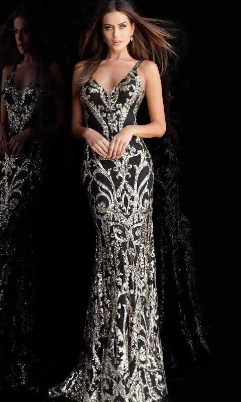 Jovani - 63350 Metallic Sequined Plunging Long Gown