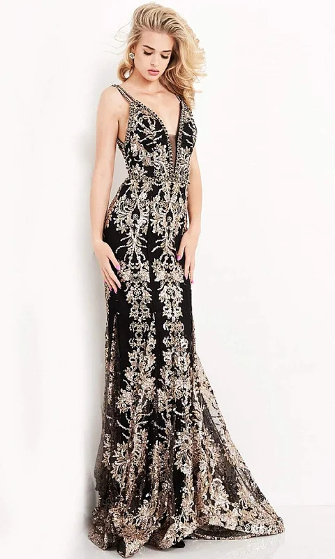 JVN by Jovani - JVN04789 Embroidered Plunging V Neck Trumpet Dress