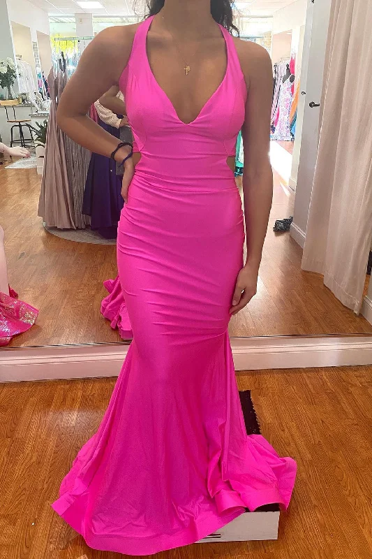 Mermaid Halter Backless Hot Pink Long Prom Dress