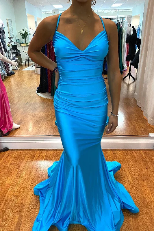 Mermaid Lace-Up Back Blue Long Prom Dress