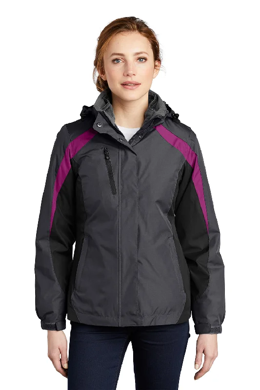 Port Authority Womens 3-in-1 Wind & Water Resistant Full Zip Hooded Jacket - Magnet Grey/Black/Very Berry Purple