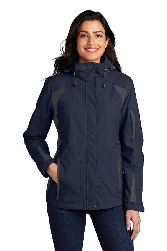 Port Authority Womens All Season II Waterproof Full Zip Hooded Jacket - True Navy Blue/Iron Grey