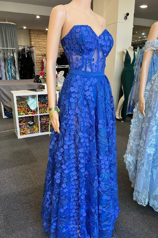 Royal Blue Sweetheart Corset Long Prom Dress with Appliques