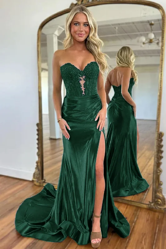 Sparkly Dark Green Mermaid Beaded Appliques Strapless Corset Long Prom Dress with Slit